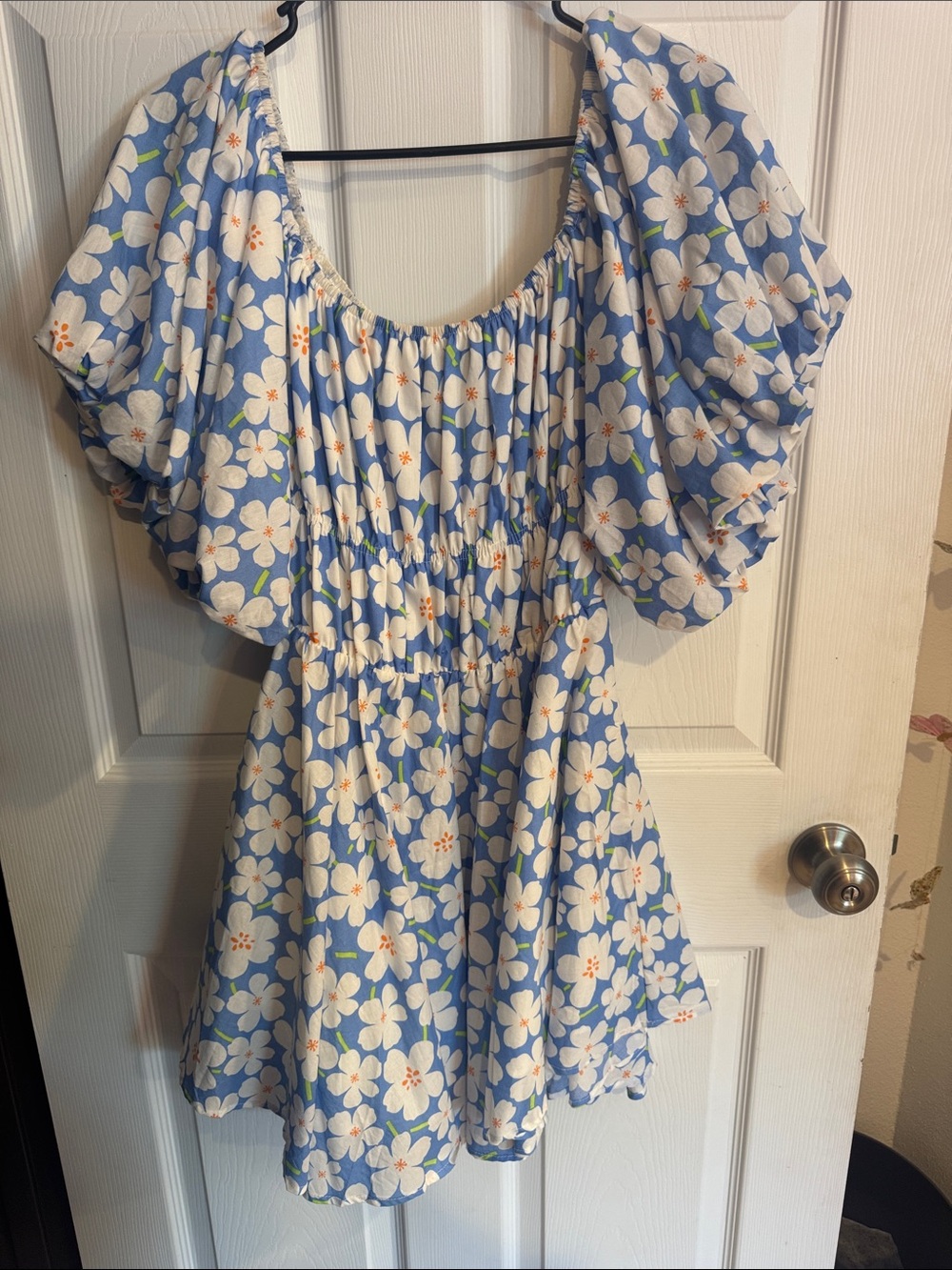 Sugar SugarBlue and White Floral Off-Shoulder Dress (